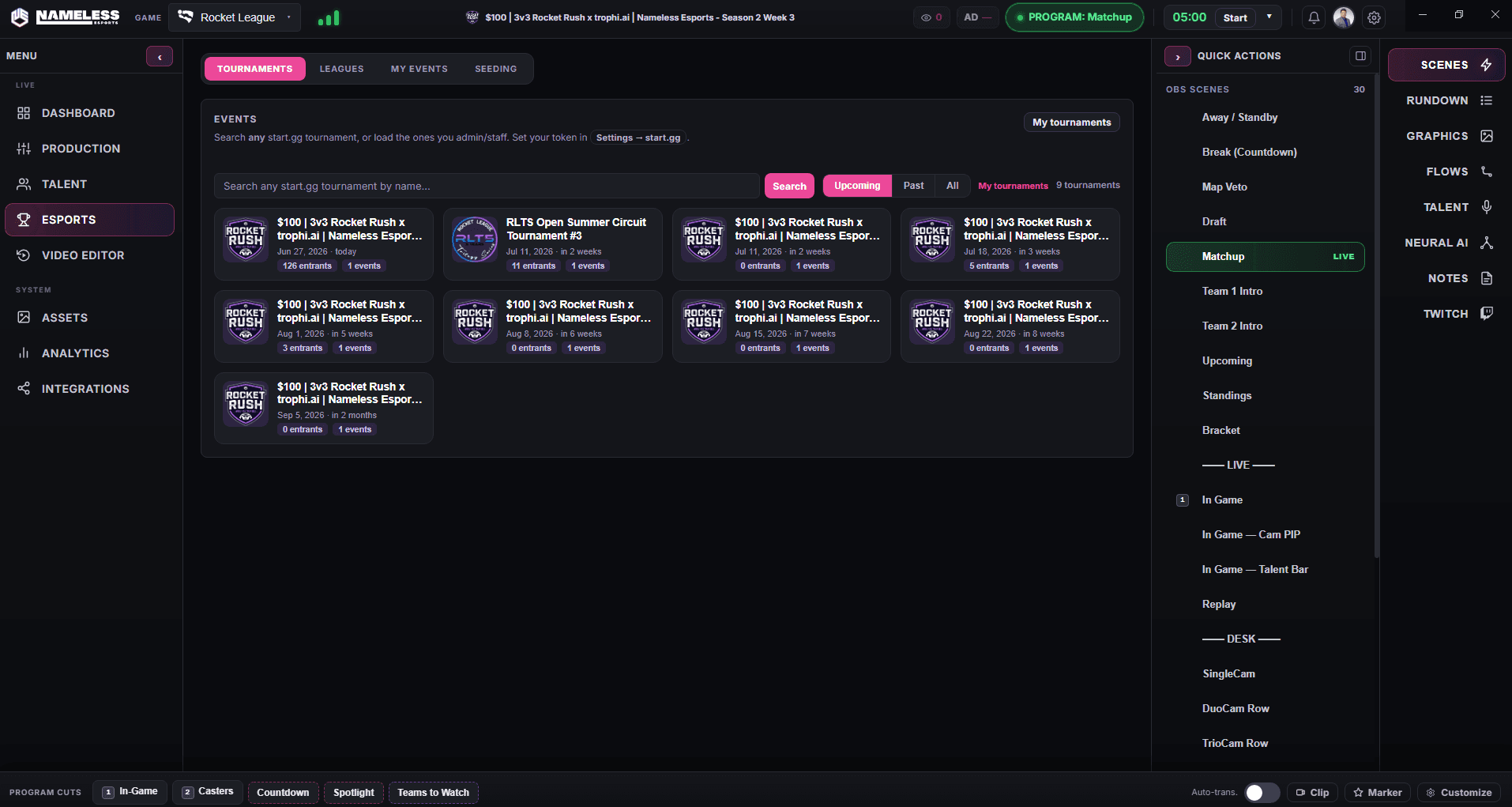 Esports & tournaments — search any start.gg event and manage seeding