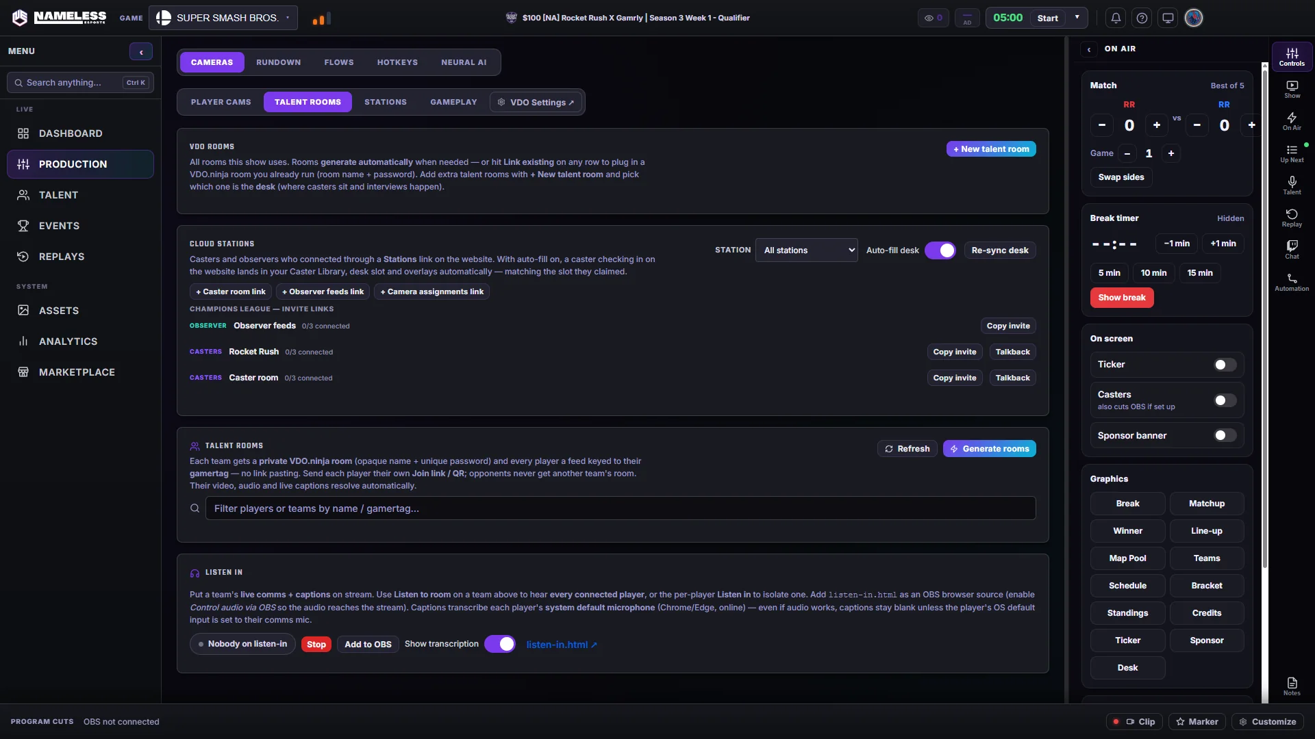 Production tab: talent rooms, cloud stations and caster invite links