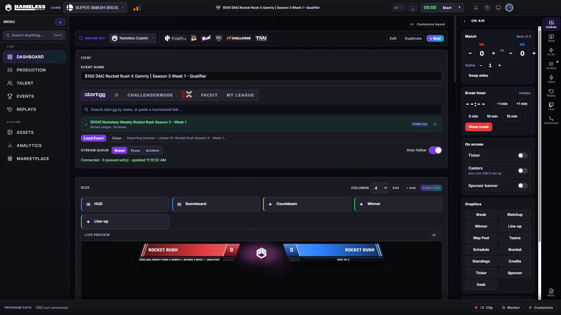 The NE Broadcast Suite producer dashboard: event loaded from start.gg, stream deck, live preview and on-air controls