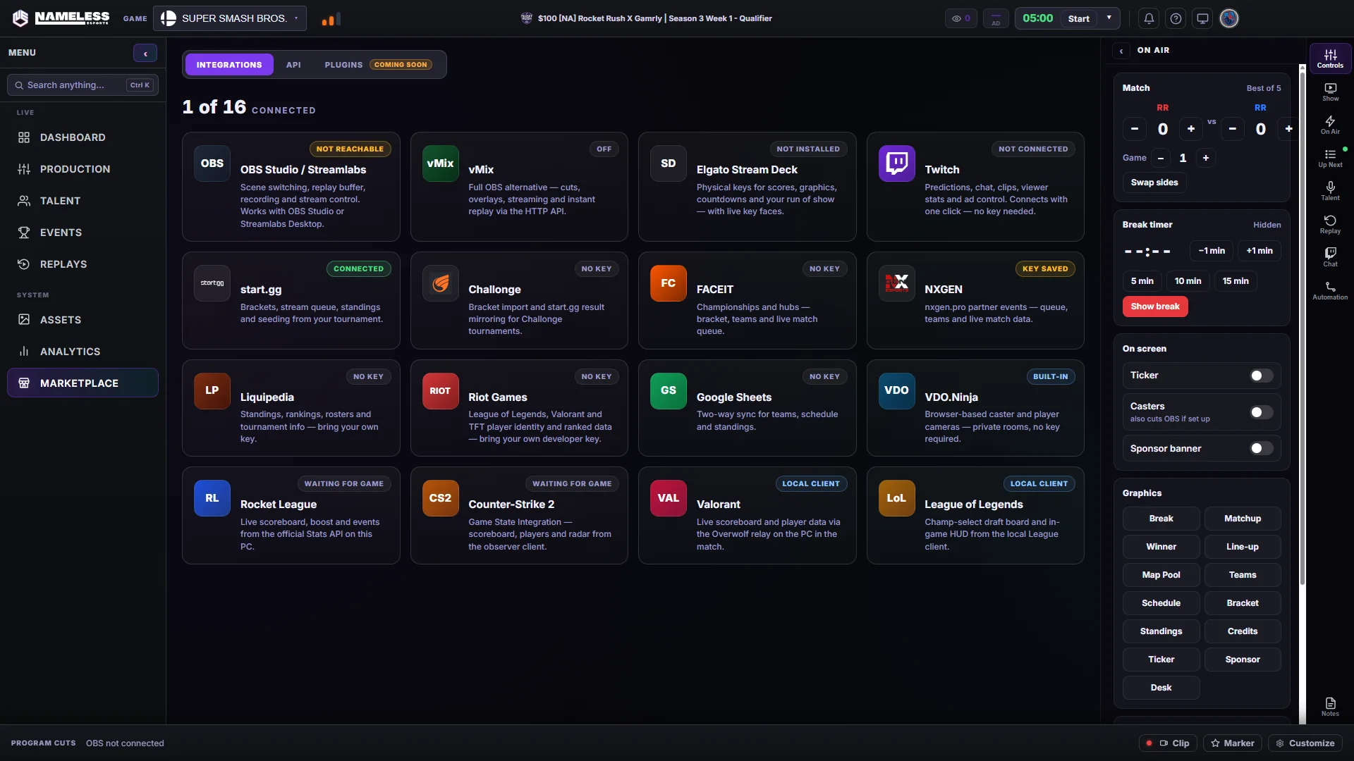Marketplace: OBS, vMix, Stream Deck, Twitch, start.gg, Challonge, FACEIT and more