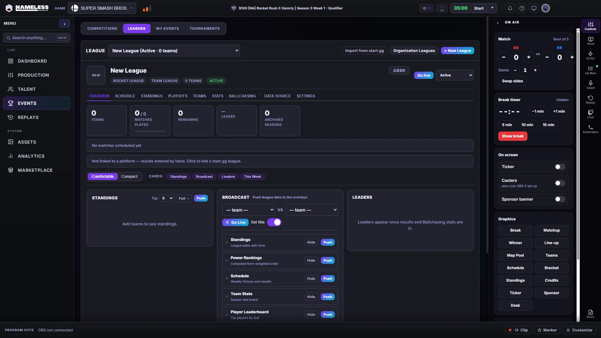 League view with standings, broadcast push controls and leaders