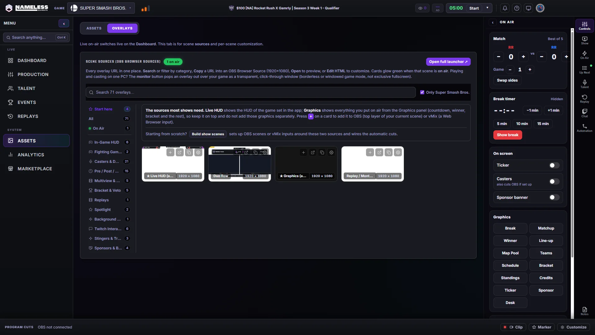 Overlay library with live HUD, desk, graphics and replay scenes by category