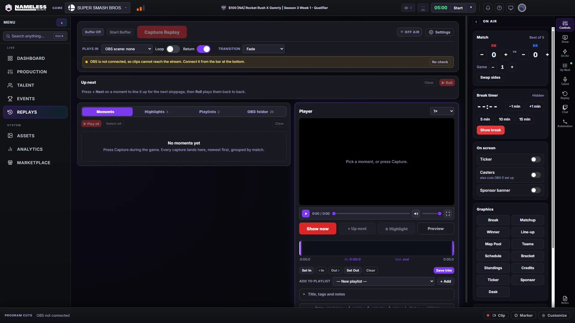 Replays tab: moments, highlights, playlists and the clip player