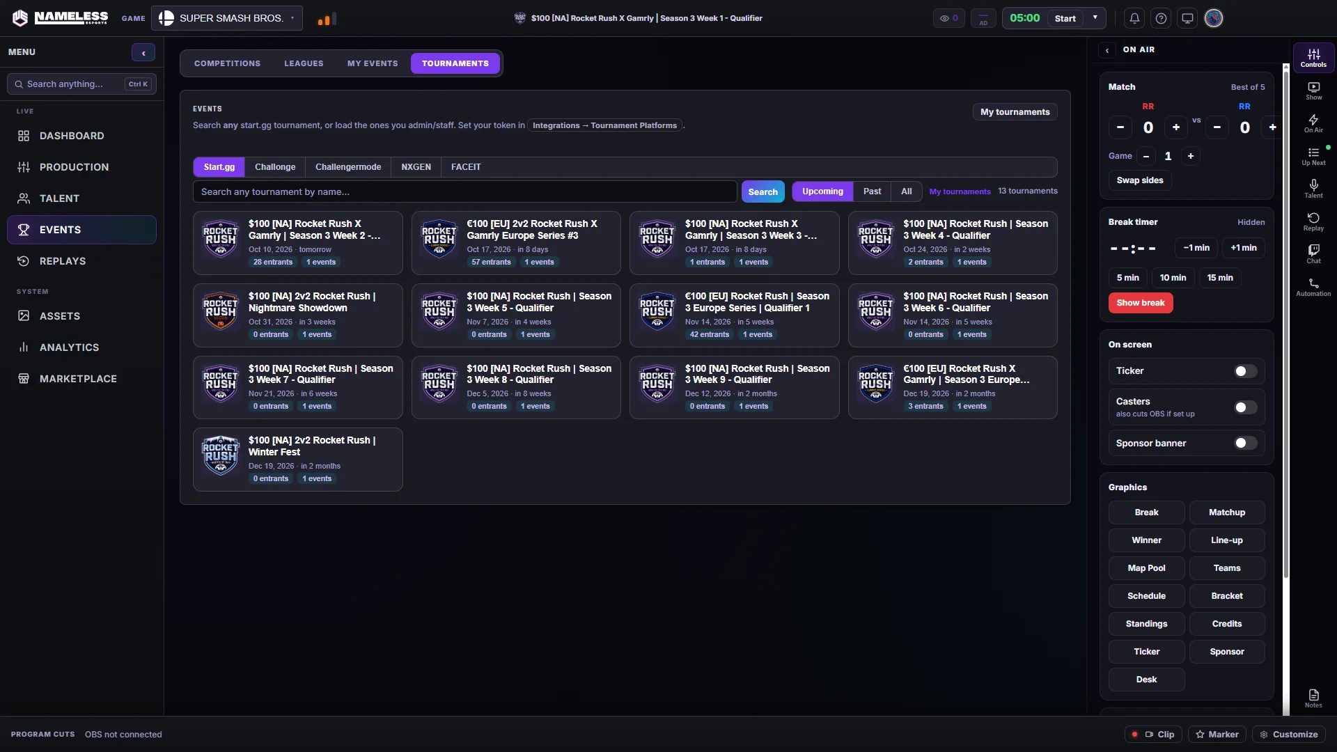 Tournaments tab: every Rocket Rush event on start.gg with entrant counts, ready to load
